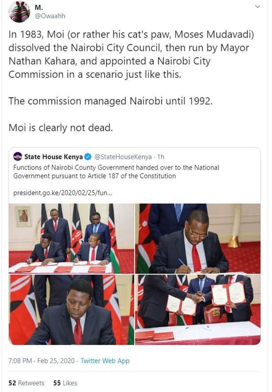 Owaahh in , moi or rather his cat's paw, moses mudavadi dissolved the nairobi ci