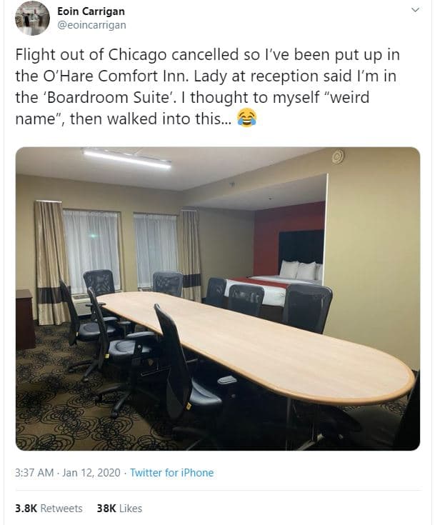 Eoin carrigan eoincarrigan flight out of chicago cancelled so i've been put up i