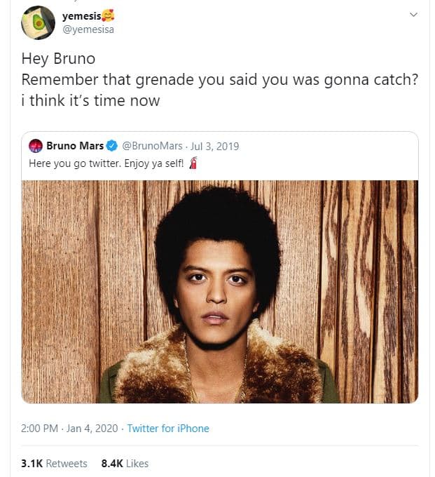 Yemesis yemesisa hey bruno remember that grenade you said you was gonna catch? t