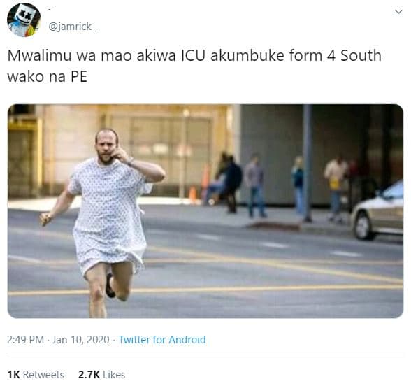 Jamrick_ mwalimu wa mao akiwa icu akumbuke form 4 south wako na pe 2.49 pm jan 1