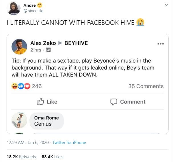 Andre hiveelite literally cannot with facebook hive alex zeko beyhive 2 hrs tip