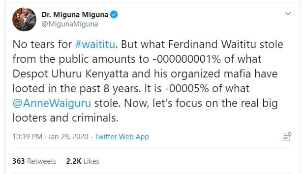Dr. miguna miguna migunamiguna no tears for waititu. but what ferdinand waititu