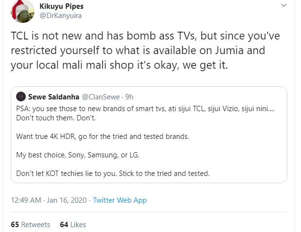 Kikuyu pipes drkanyuira tcl is not new and has bomb ass tvs, but since you've re