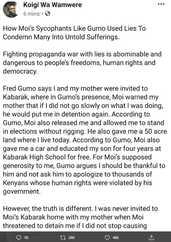 Koigi wa wamwere 6 mins how moi's sycophants like gumo used lies to condemn many