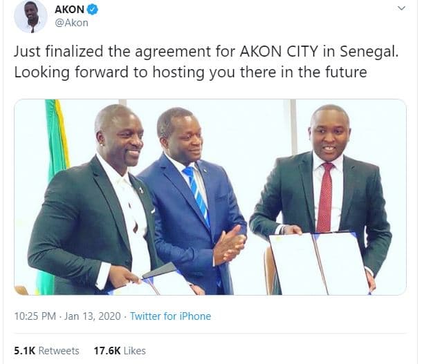 Akon akon just finalized the agreement for akon city in senegal. looking forward
