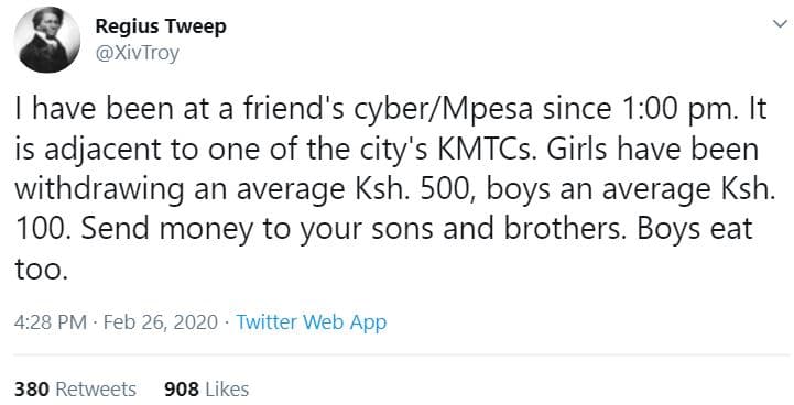 Regius tweep xivtroy have been at a friend's cyber mpesa since 1.00 pm. it is ad