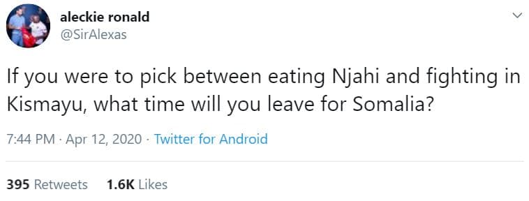 Aleckie ronald siralexas if you were to pick between eating njahi and fighting i