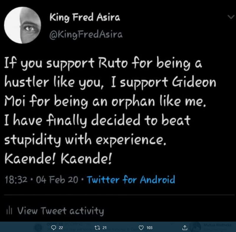 King fred asira kingfredasira if you support ruto for bez ing g hustler like you