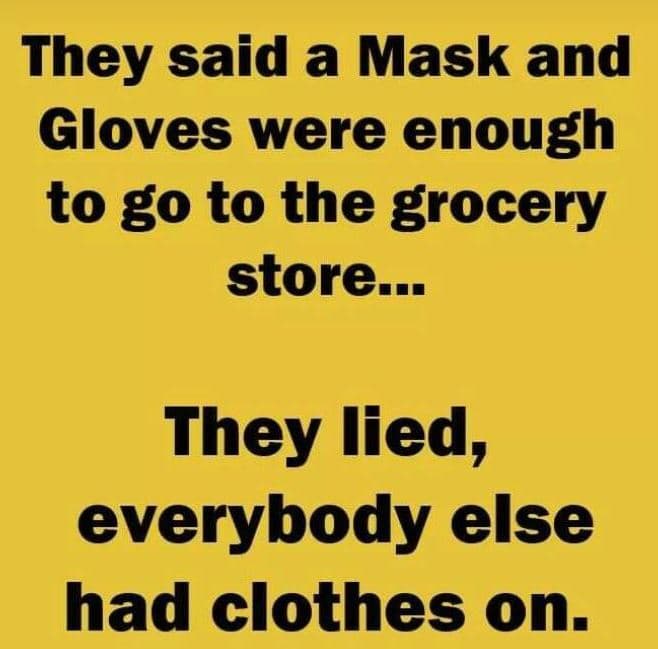 They said a mask and gloves were enough to go to the grocery store. they lied, e
