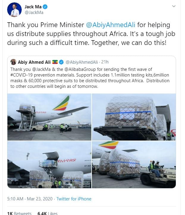 Jack ma jackma thank you prime minister abiyahmedali for helping us distribute s