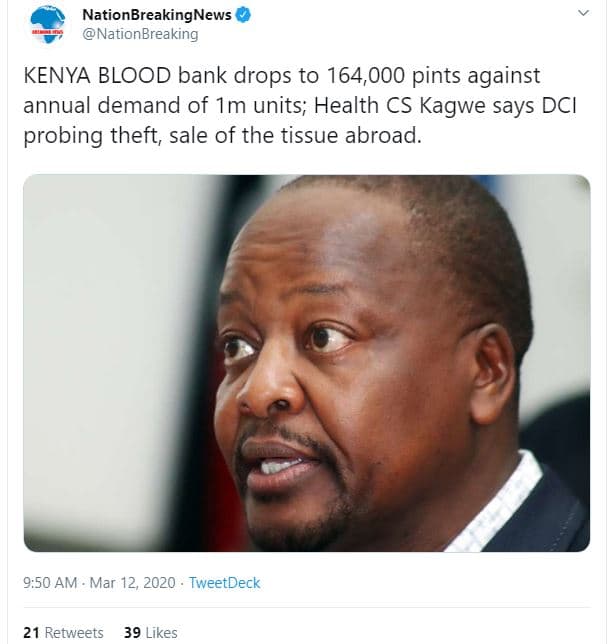 Nationbreakingnews nationbreaking kenya blood bank drops to 164,000 pints agains