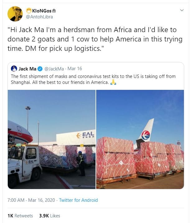 Klongos antohlibra hi jack ma i'm a herdsman from africa and l'd like to donate