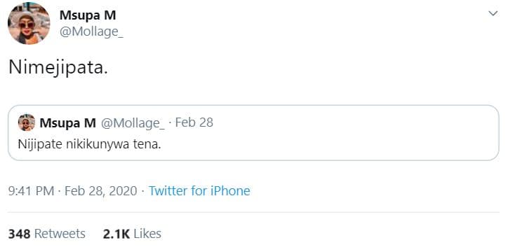 Msupa m mollage nimejipata. msupa m mollage feb 28 nijipate nikikunywa tena. 9.4