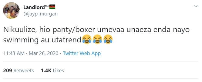 Landlordu jayp_morgan nikuulize, hio pantyboxer umevaa unaeza enda nayo swimming