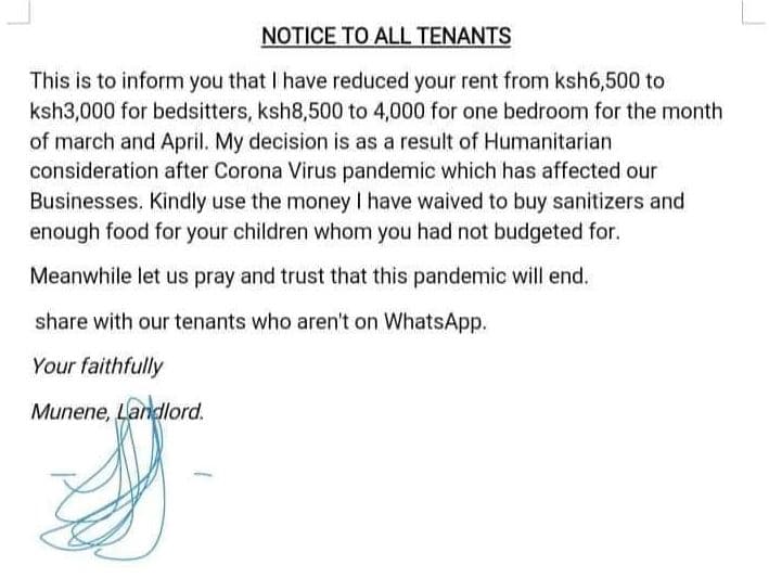 Notice to all tenants this is to inform you that have reduced your rent from ksh