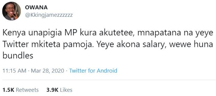 Owana kkingjamezzzzzz kenya unapigia mp kura akutetee mnapatana na yeye twitter