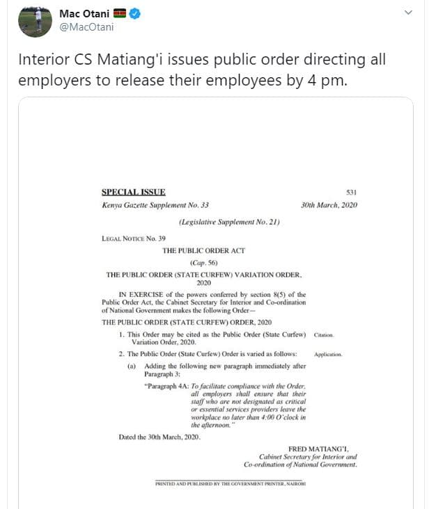 Mac otani macotani interior cs matiang'i issues public order directing all emplo