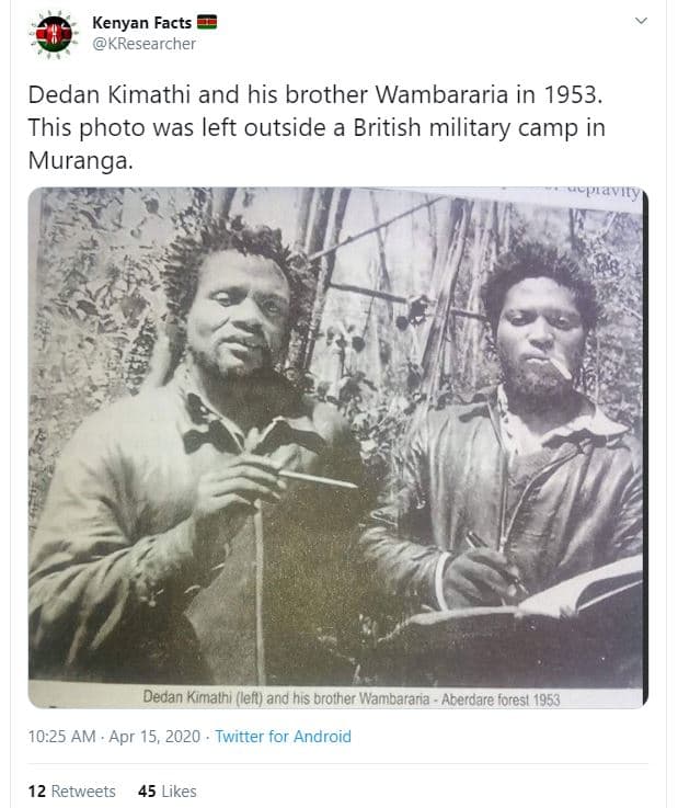 Kenyan facts kresearcher dedan kimathi and his brother wambararia in this photo