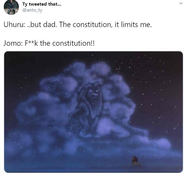 Ty tweeted that.. anto_ty uhuru but dad. the constitution it limits me jomo fk t