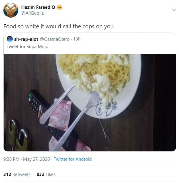 Hazim fareed q aliquqiiz food so white it would call the cops on you. sirrapalot