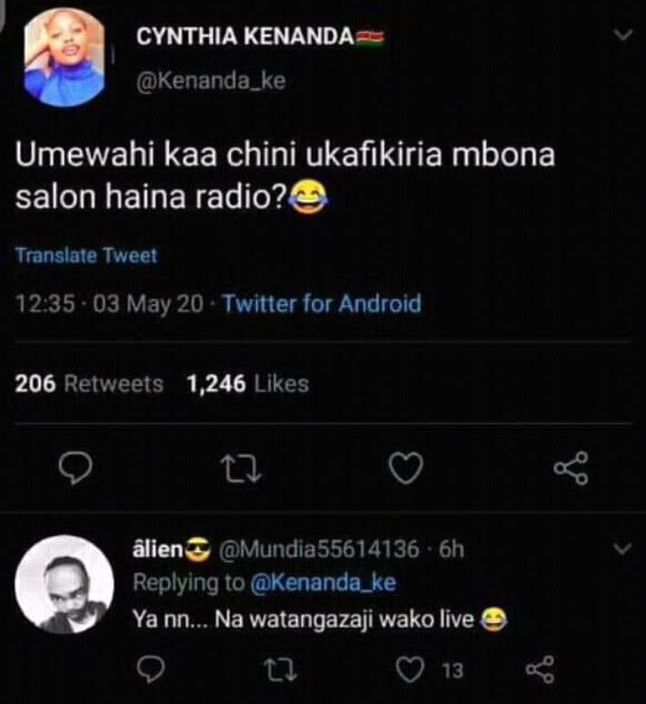 Cynthia kenanda kenanda_ke umewahi kaa chini ukafikiria mbona salon haina radio?
