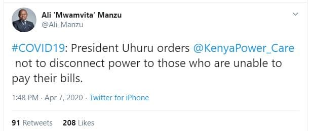 Ali mwamvita manzu ali_manzu covid19 president uhuru orders kenyapower_care not