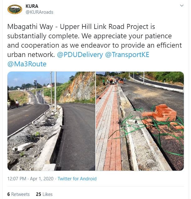 Kura kuraroads mbagathi way upper hill link road project is substantially comple