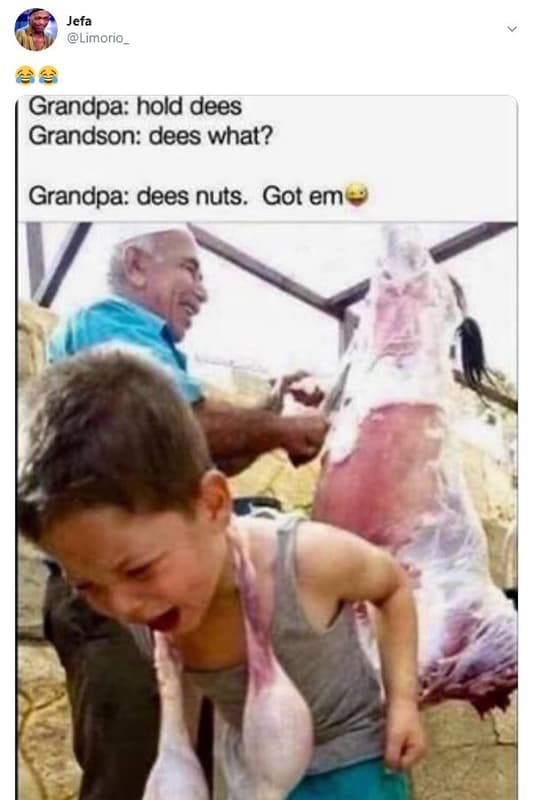 Jefa limorio_ grandpa hold dees grandson dees what? grandpa dees nuts . got em