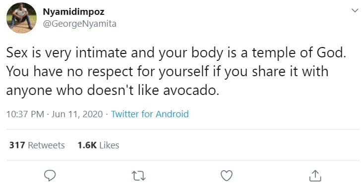 Nyamidimpoz georgenyamita sex is very intimate and your body is a temple of god.