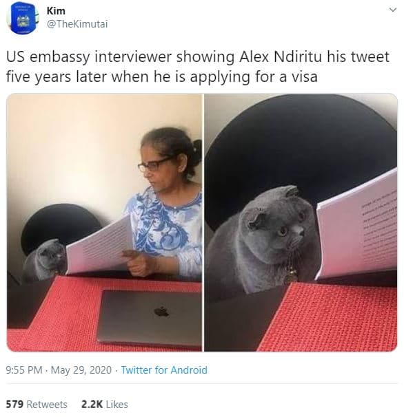 Kim thekimutai us embassy interviewer showing alex ndiritu his tweet five years