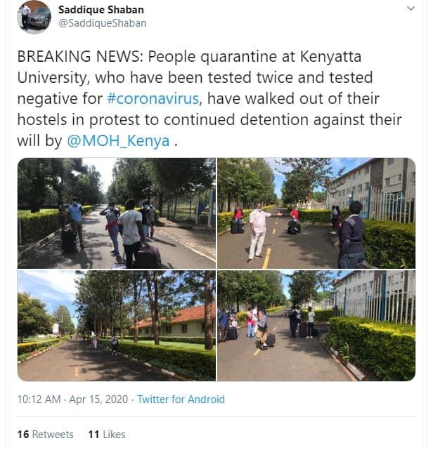 Saddique shaban saddiqueshaban breaking news people quarantine at kenyatta unive