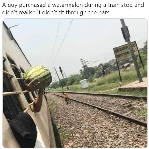 A guy purchased watermelon during train stop and didn't realise it didn't fit th