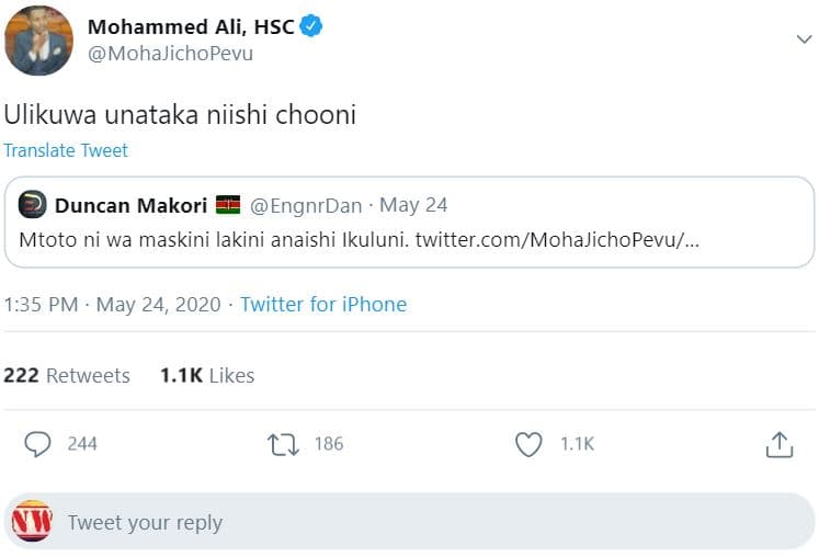 Mohammed ali, hsc mohajichopevu ulikuwa unataka niishi chooni translate tweet du