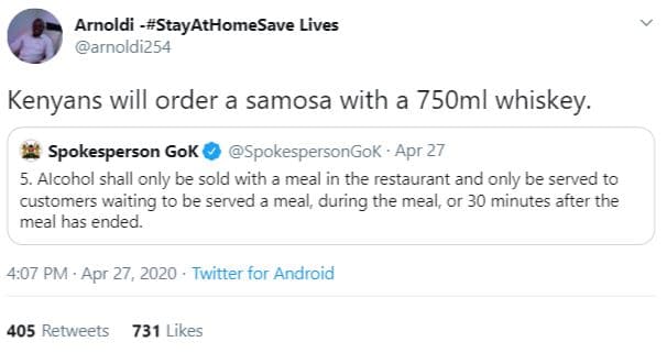 Arnoldi stayathomesave lives arnoldi254 kenyans will order a samosa with a 75oml