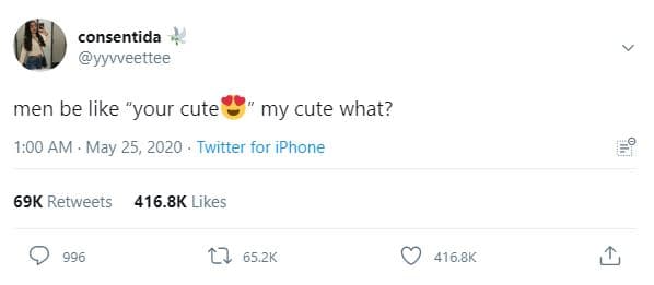 Consentida yyvveettee men be like your cute my cute what? 1.00 am . may 25, twit