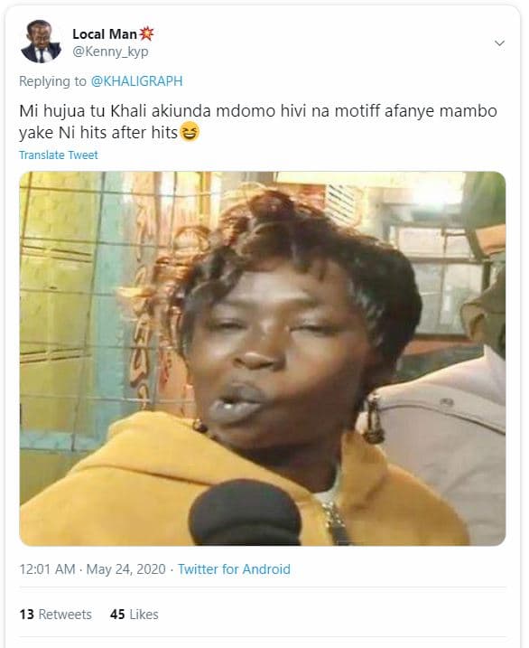 Local man kenny_kyp replying to khaligraph mi hujua tu khali akiunda mdomo hivi