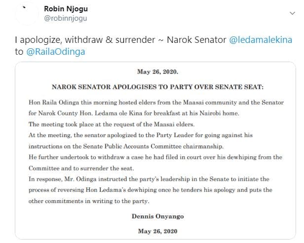 Robin njogu robinnjogu apologize withdraw surrender narok senator ledamalekina t