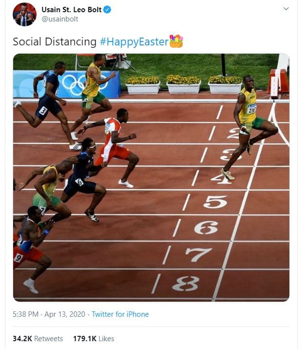 Usain st. leo bolt usainbolt social distancing happyeaster 5 6 7 83 5.38 pm apr