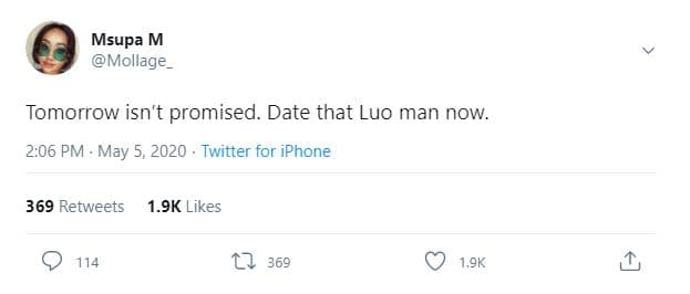 Msupa m mollage tomorrow isn't promised. date that luo man now. 2.06 pm . may 5,