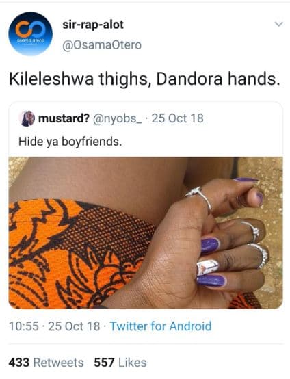 Sirrapalot osamaotero kileleshwa thighs, dandora hands. mustard? nyobs_ 25 oct 1