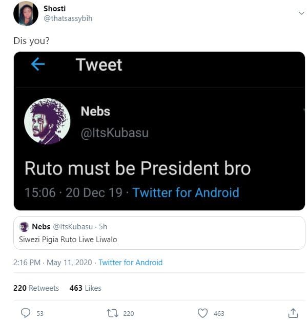 Shosti thatsassybih dis you? tweet nebs itskubasu ruto must be president bro 15.