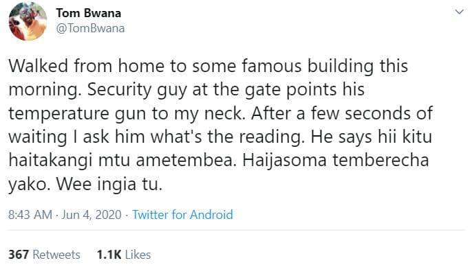 Tom bwana tombwana walked from home to some famous building this morning securit