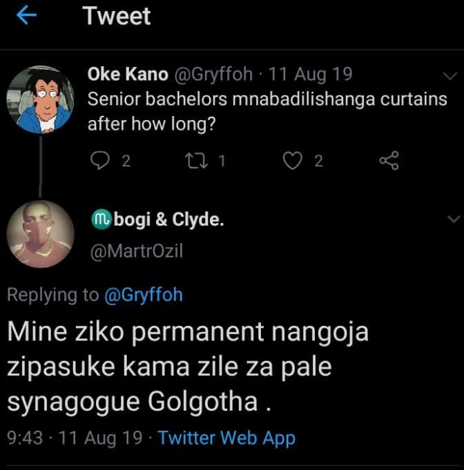 Tweet oke kano gryffoh 11 aug 19 senior bachelors mnabadilishanga curtains after