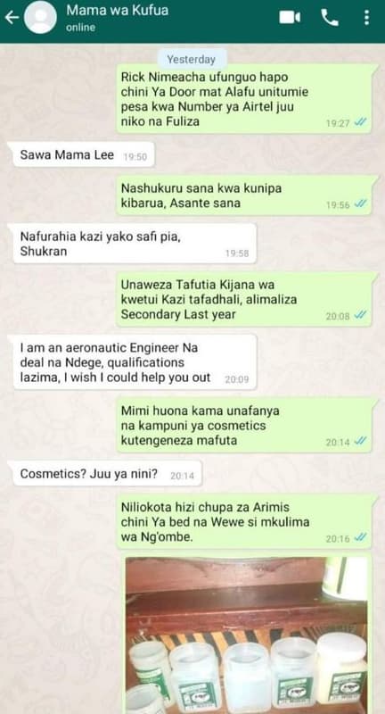 Mama wa kufua online yesterday rick nimeacha ufunguo hapo chini ya door mat alaf