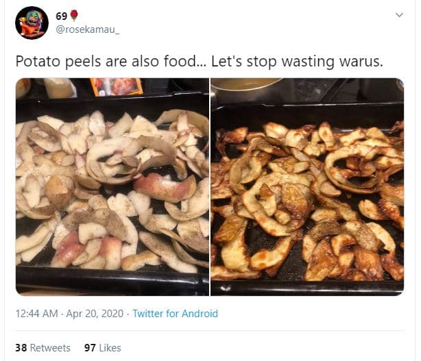 Rosekamau_ potato peels are also food_ let's stop wasting warus. 12.44 am apr 20
