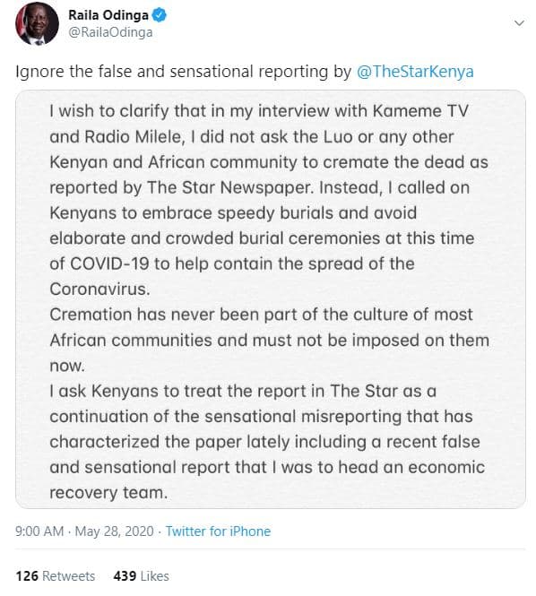 Raila odinga railaodinga ignore the false and sensational reporting by thestarke