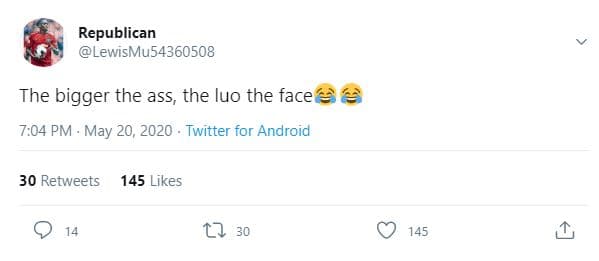 Republican ewismu54360508 the bigger the ass, the luo the face 2 7.04 pm . may 2