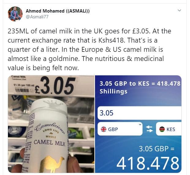Ahmed mohamed asmali asmali77 235ml of camel milk in the uk goes for 03.05. at t