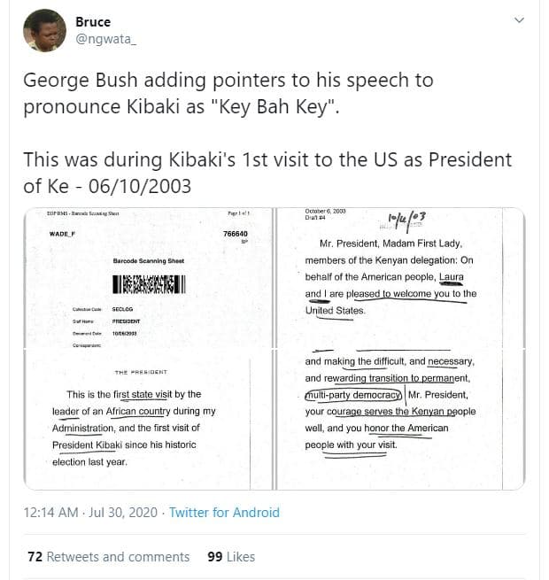 Bruce ngwata_ george bush adding pointers to his speech to pronounce kibaki as '