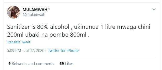Mulamwah mulamwah sanitizer is 80 alcohol ukinunua litre mwaga chini 2ooml ubaki